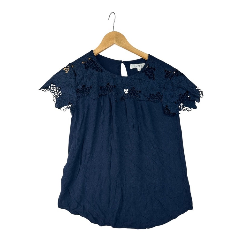 Loft Crochet Detail Short Sleeve Blouse size XS Blue